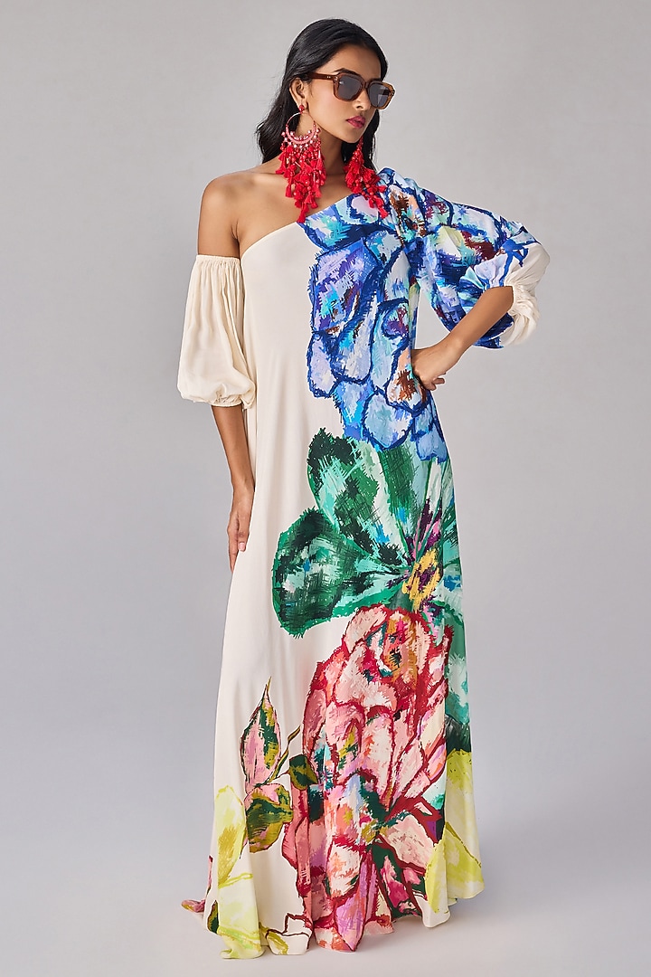 Multi-Colored Crepe Floral Printed One-Shoulder Maxi Vacation Dress by Saaksha & Kinni at Pernia's Pop Up Shop