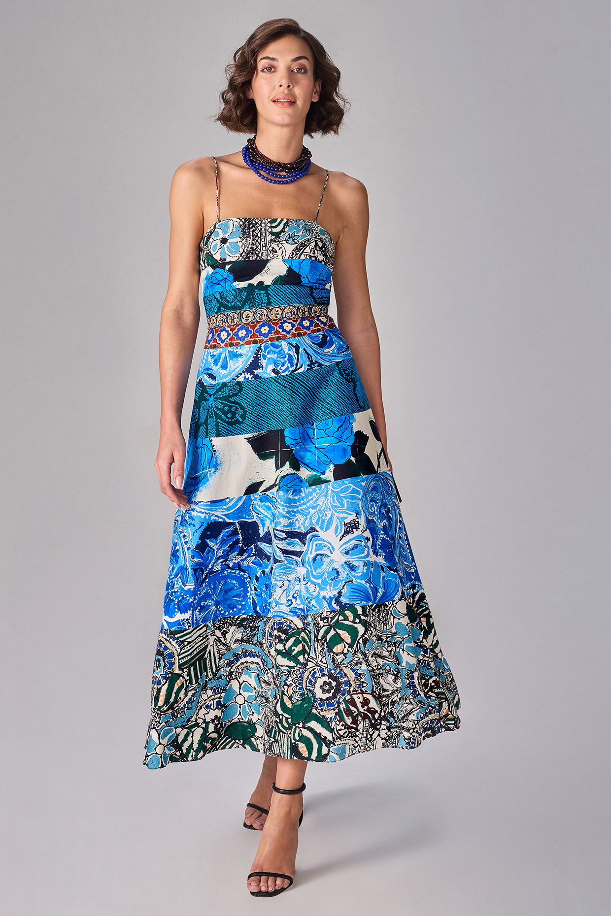 Multi-Colored Cambric Block Printed Flared Midi Dress by Saaksha & Kinni at Pernia's Pop Up Shop