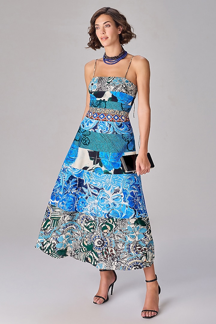 Multi-Colored Cambric Block Printed Flared Midi Vacation Dress by Saaksha & Kinni at Pernia's Pop Up Shop