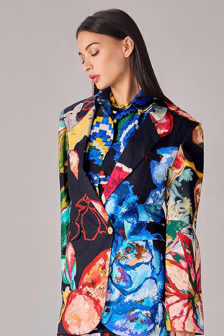 Multi-Colored Cambric Floral Printed Blazer Set by Saaksha & Kinni at Pernia's Pop Up Shop