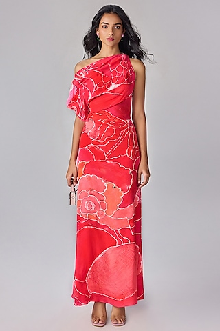 Pink Crepe Floral Printed One-Shoulder Maxi Dress by Saaksha & Kinni