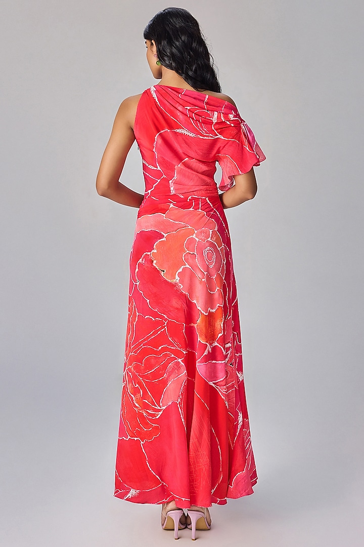 Pink Crepe Floral Printed One-Shoulder Maxi Vacation Dress by Saaksha & Kinni at Pernia's Pop Up Shop