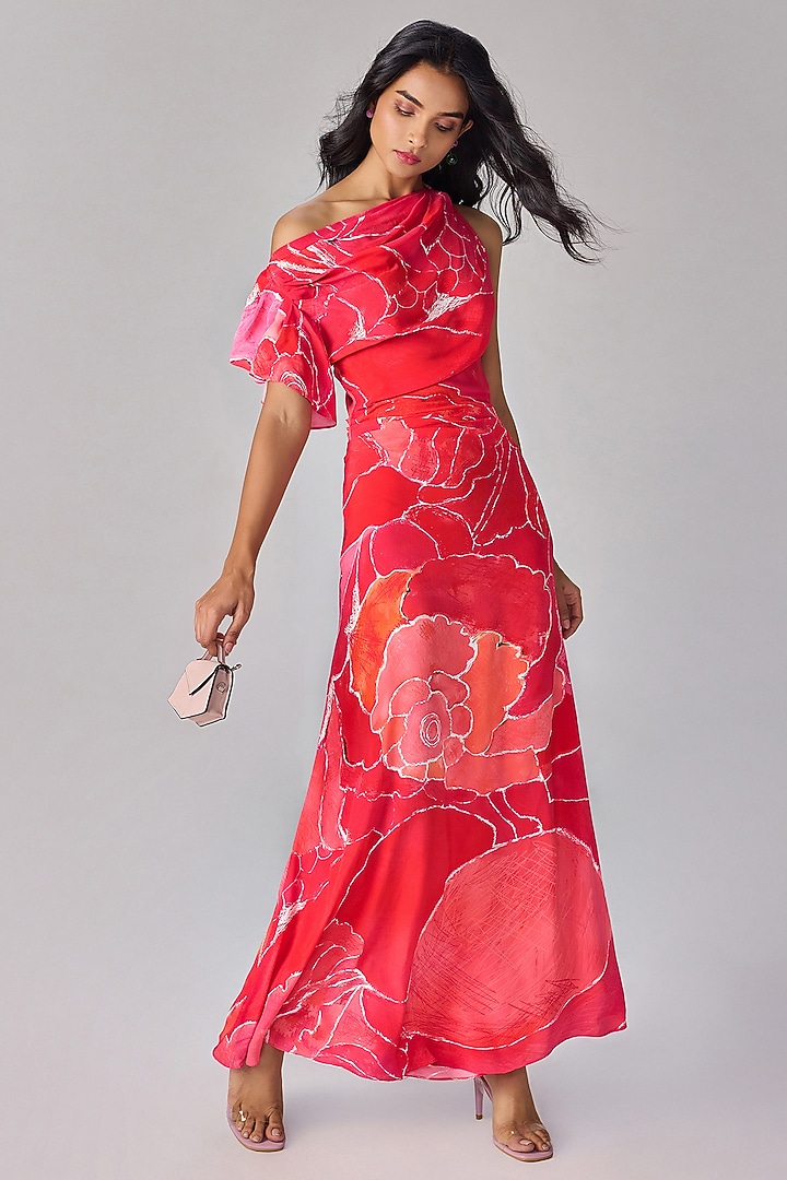 Pink Crepe Floral Printed One-Shoulder Maxi Vacation Dress by Saaksha & Kinni at Pernia's Pop Up Shop