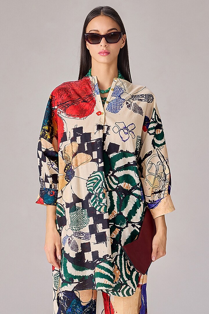 Multi-Colored Cambric Floral Printed Asymmetric Tunic Set by Saaksha & Kinni at Pernia's Pop Up Shop