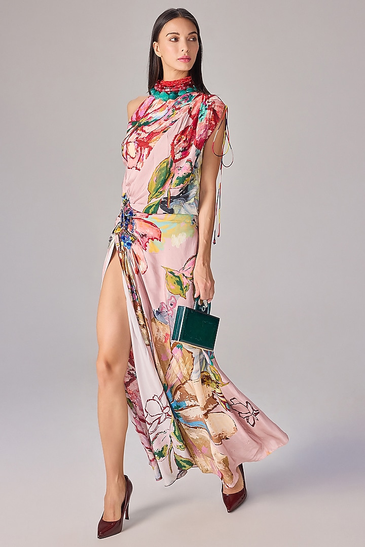 Multi-Colored Crepe Abstract Floral Printed One-Shoulder Maxi Vacation Dress by Saaksha & Kinni at Pernia's Pop Up Shop