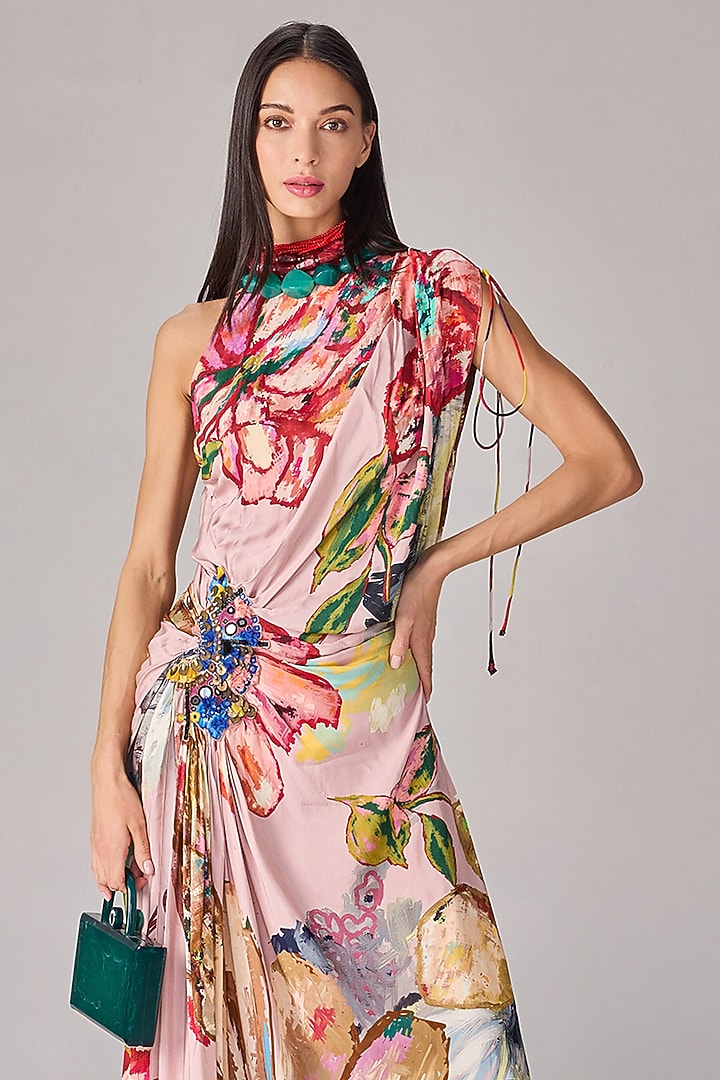 Multi-Colored Crepe Abstract Floral Printed One-Shoulder Maxi Vacation Dress by Saaksha & Kinni at Pernia's Pop Up Shop