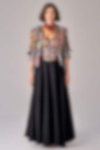 Black Taffeta Pleated Flared Skirt Set by Saaksha & Kinni at Pernia's Pop Up Shop