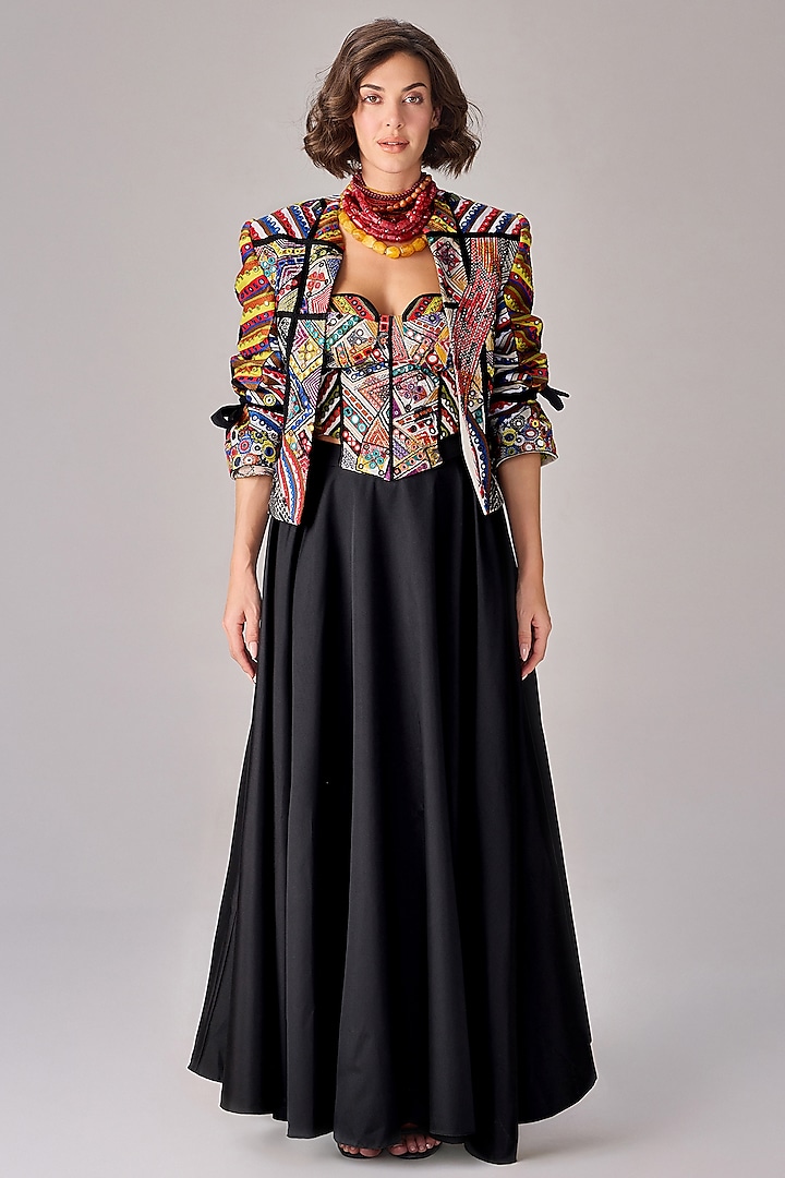 Black Taffeta Pleated Flared Skirt Set by Saaksha & Kinni at Pernia's Pop Up Shop
