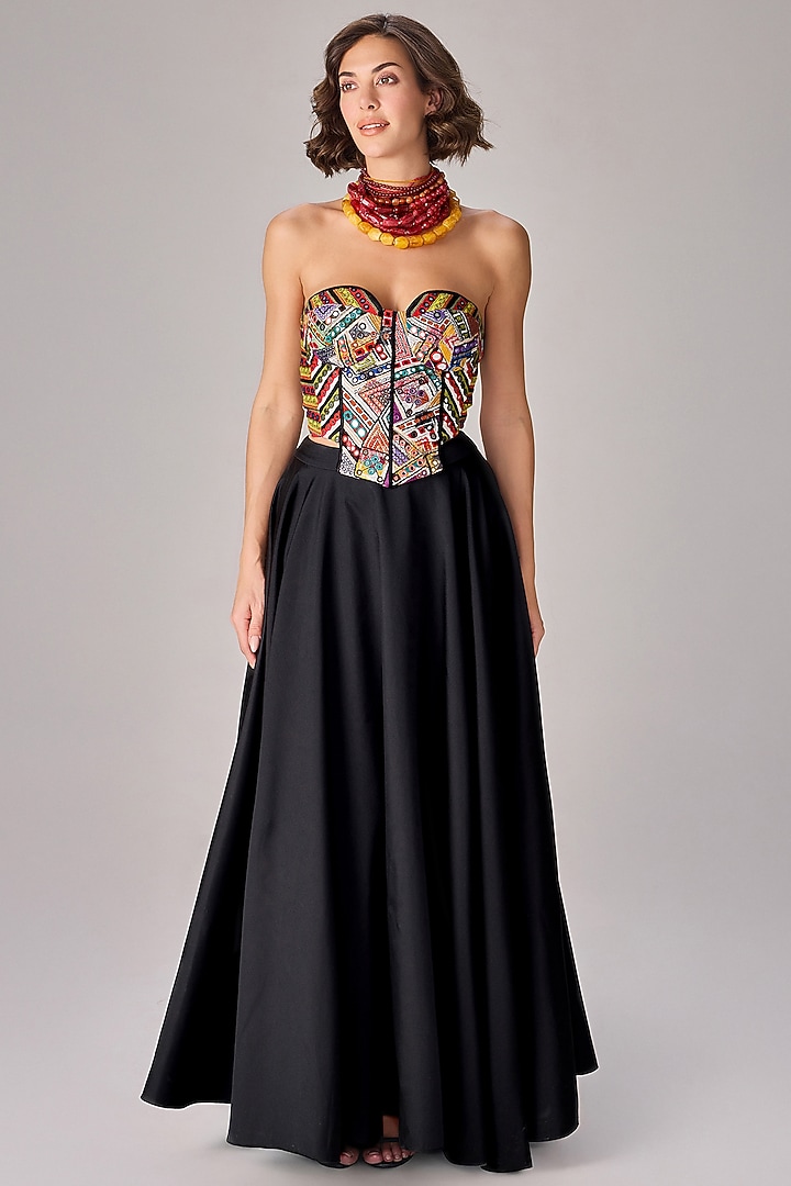 Black Taffeta Pleated Flared Skirt Set by Saaksha & Kinni at Pernia's Pop Up Shop