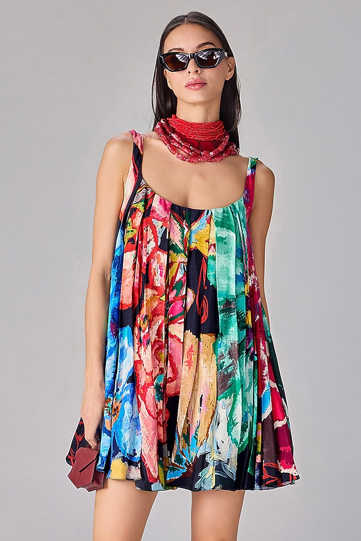 Multi-Colored Crepe Floral Printed Flared Mini Vacation Dress by Saaksha & Kinni at Pernia's Pop Up Shop