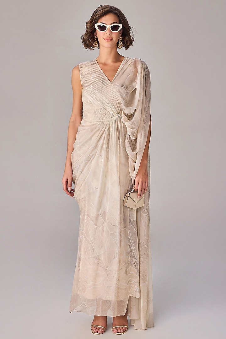 Ivory Chiffon Abstract Floral Printed Draped Maxi Dress by Saaksha & Kinni at Pernia's Pop Up Shop