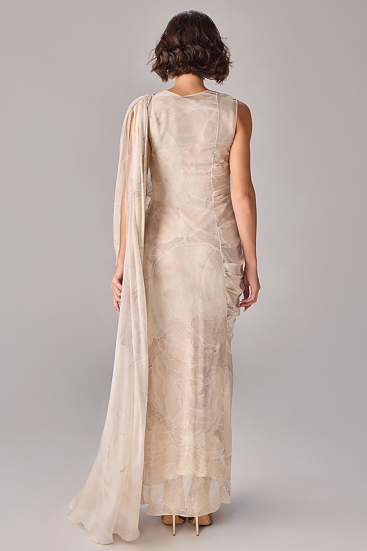 Ivory Chiffon Abstract Floral Printed Draped Maxi Vacation Dress by Saaksha & Kinni at Pernia's Pop Up Shop