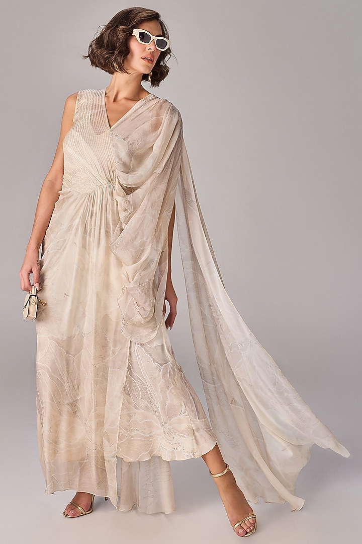 Ivory Chiffon Abstract Floral Printed Draped Maxi Vacation Dress by Saaksha & Kinni at Pernia's Pop Up Shop