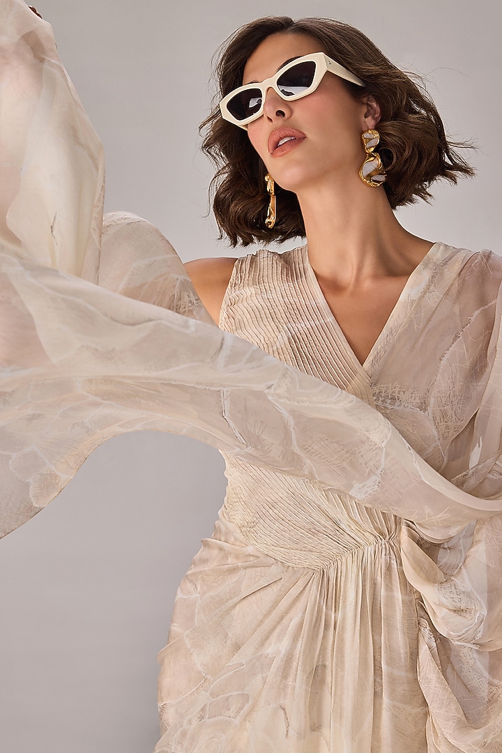 Ivory Chiffon Abstract Floral Printed Draped Maxi Vacation Dress by Saaksha & Kinni at Pernia's Pop Up Shop