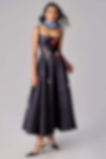 Black Taffeta Applique Hand Embroidered Midi Vacation Dress by Saaksha & Kinni at Pernia's Pop Up Shop