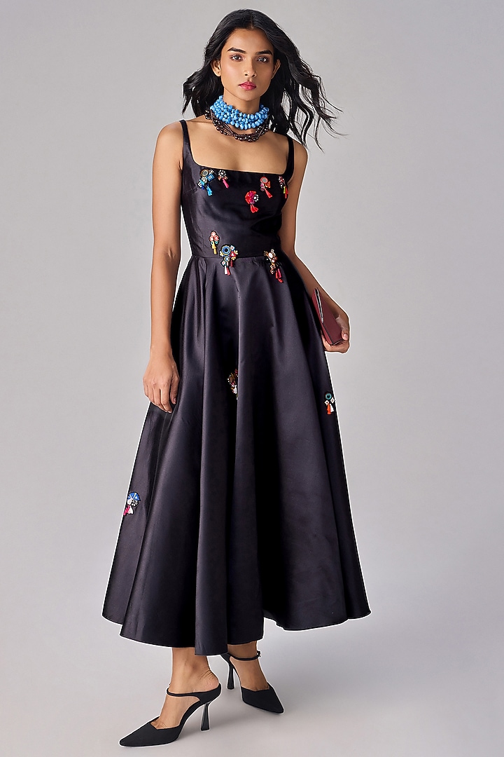 Black Taffeta Applique Hand Embroidered Midi Vacation Dress by Saaksha & Kinni at Pernia's Pop Up Shop