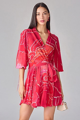  Pink Crepe Abstract Floral Printed Mini Dress by Saaksha & Kinni
