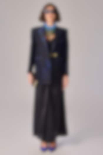 Black Chiffon Abstract Floral Printed Pleated Blazer Set by Saaksha & Kinni at Pernia's Pop Up Shop