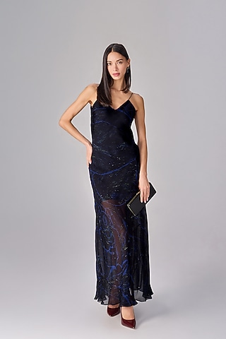 Black Chiffon Asymmetric Slip Maxi Dress by Saaksha & Kinni