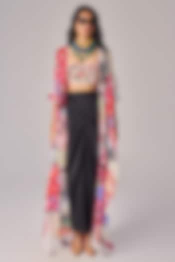 Multi-Colored Chiffon Abstract Floral Printed Asymmetric Cape Set by Saaksha & Kinni at Pernia's Pop Up Shop