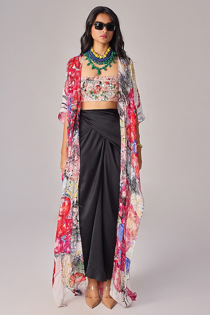 Multi-Colored Chiffon Abstract Floral Printed Asymmetric Cape Set by Saaksha & Kinni at Pernia's Pop Up Shop