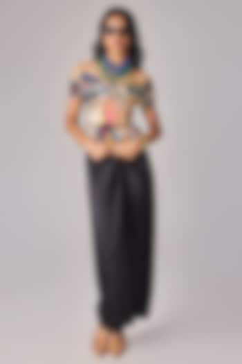 Black Satin Asymmetric Wrap Maxi Skirt Set by Saaksha & Kinni at Pernia's Pop Up Shop