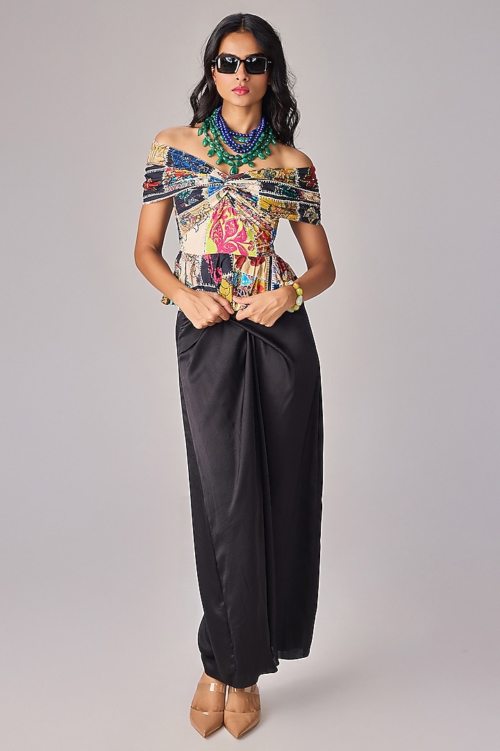 Black Satin Asymmetric Wrap Maxi Skirt Set by Saaksha & Kinni at Pernia's Pop Up Shop