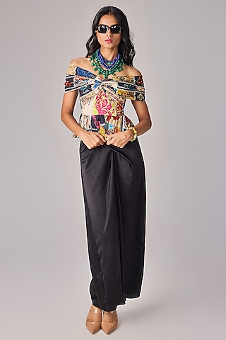 Black Satin Asymmetric Wrap Maxi Skirt Set by Saaksha & Kinni