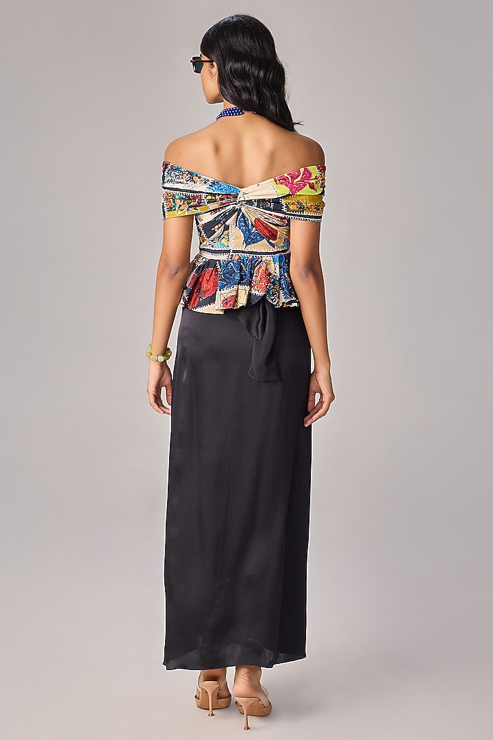 Black Satin Asymmetric Wrap Maxi Skirt Set by Saaksha & Kinni at Pernia's Pop Up Shop