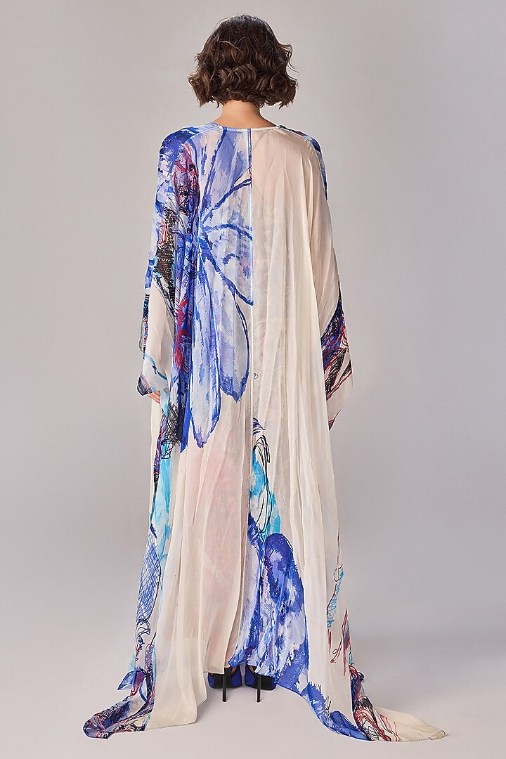 Multi-Colored Chiffon Abstract Floral Printed Asymmetric Cape Set by Saaksha & Kinni at Pernia's Pop Up Shop