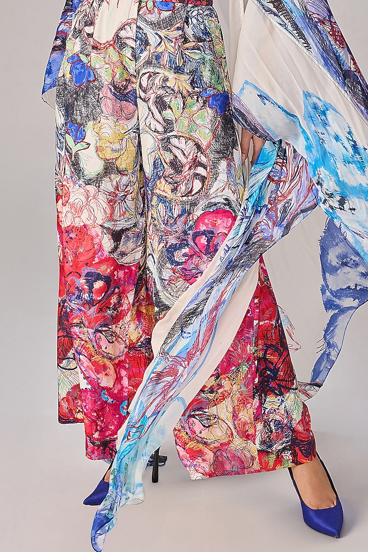 Multi-Colored Chiffon Abstract Floral Printed Asymmetric Cape Set by Saaksha & Kinni at Pernia's Pop Up Shop