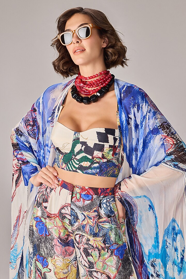 Multi-Colored Chiffon Abstract Floral Printed Asymmetric Cape Set by Saaksha & Kinni at Pernia's Pop Up Shop