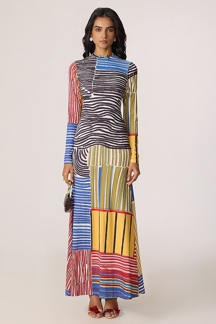 Multi-Colored Stretch Jersey Striped Fitted Maxi Summer Dress by Saaksha & Kinni at Pernia's Pop Up Shop