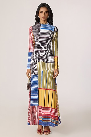 Multi-Colored Stretch Jersey Striped Fitted Maxi Dress by Saaksha & Kinni