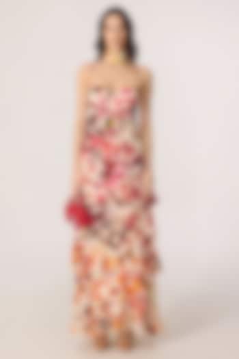 Multi-Colored Crepe Ikat Printed Tiered Maxi Cocktail Dress by Saaksha & Kinni at Pernia's Pop Up Shop