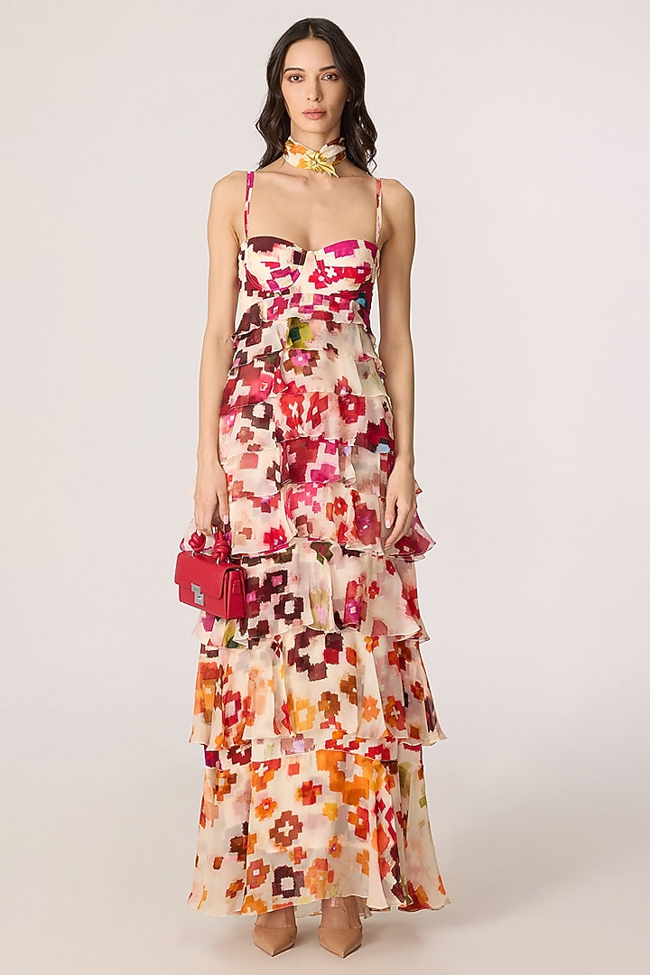 Multi-Colored Crepe Ikat Printed Tiered Maxi Cocktail Dress by Saaksha & Kinni at Pernia's Pop Up Shop