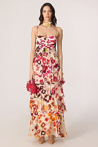 Multi-Colored Crepe Ikat Printed Tiered Maxi Dress by Saaksha & Kinni