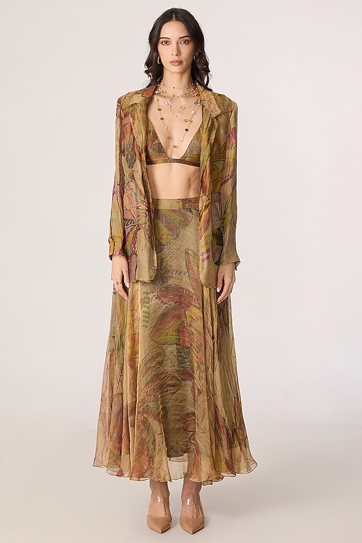 Golden Silk Tissue Abstract Floral Printed Blazer Set by Saaksha & Kinni at Pernia's Pop Up Shop