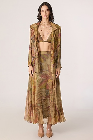 Golden Silk Tissue Abstract Floral Printed Blazer Set by Saaksha & Kinni