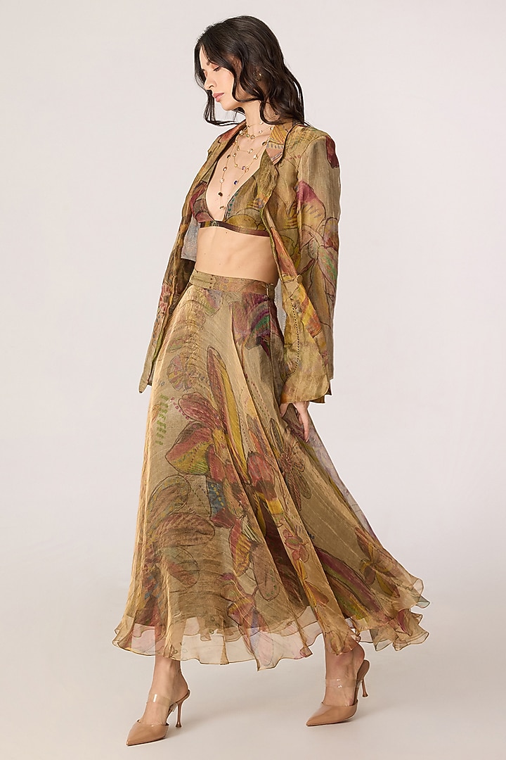 Golden Silk Tissue Abstract Floral Printed Blazer Set by Saaksha & Kinni at Pernia's Pop Up Shop
