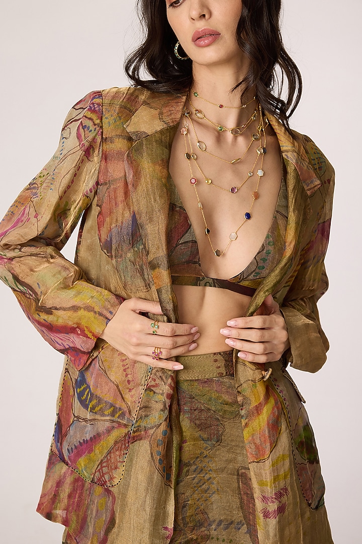 Golden Silk Tissue Abstract Floral Printed Blazer Set by Saaksha & Kinni at Pernia's Pop Up Shop