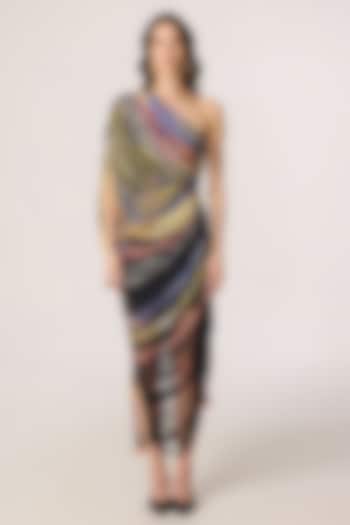 Multi-Colored Chiffon Striped One-Shoulder Maxi Party Wear Dress by Saaksha & Kinni at Pernia's Pop Up Shop