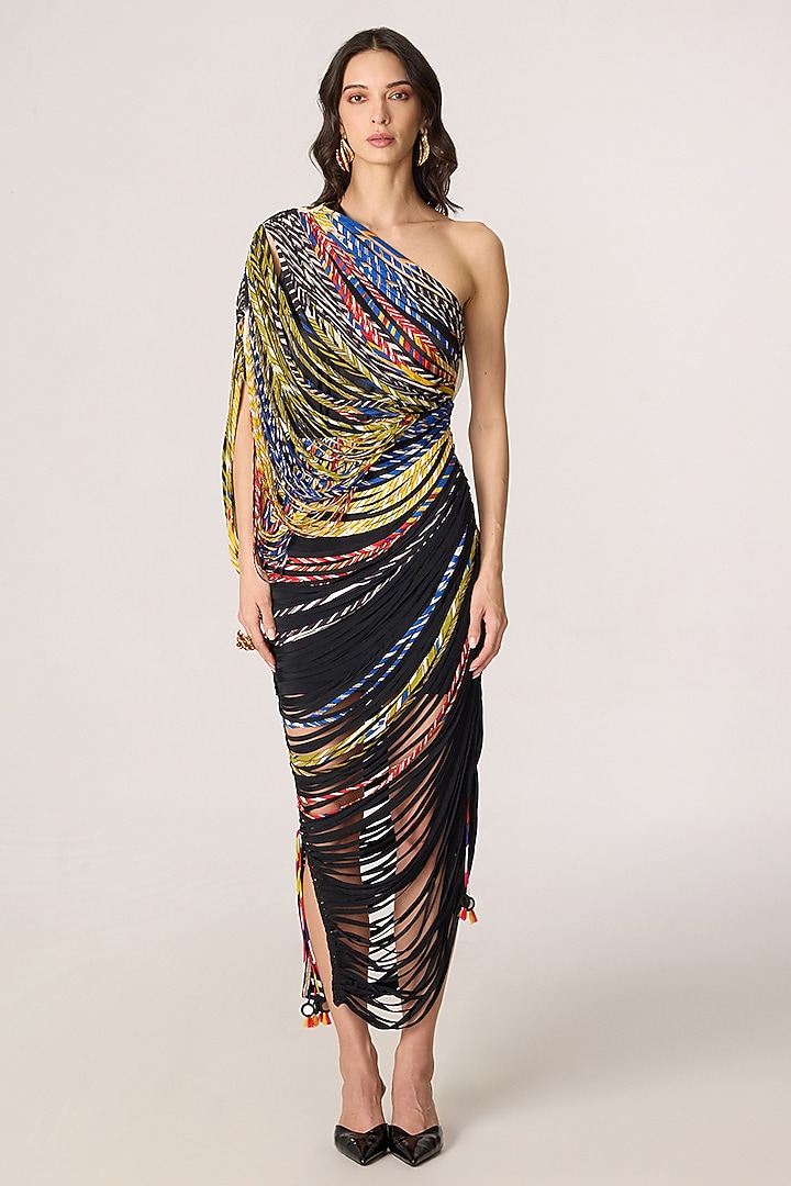 Multi-Colored Chiffon Striped One-Shoulder Maxi Party Wear Dress by Saaksha & Kinni at Pernia's Pop Up Shop