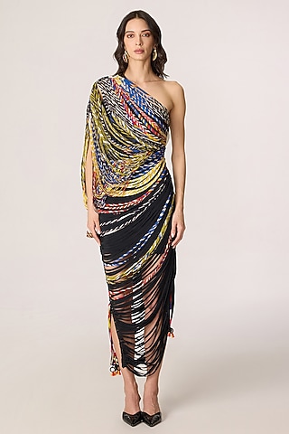 Multi-Colored Chiffon Striped One-Shoulder Maxi Dress by Saaksha & Kinni