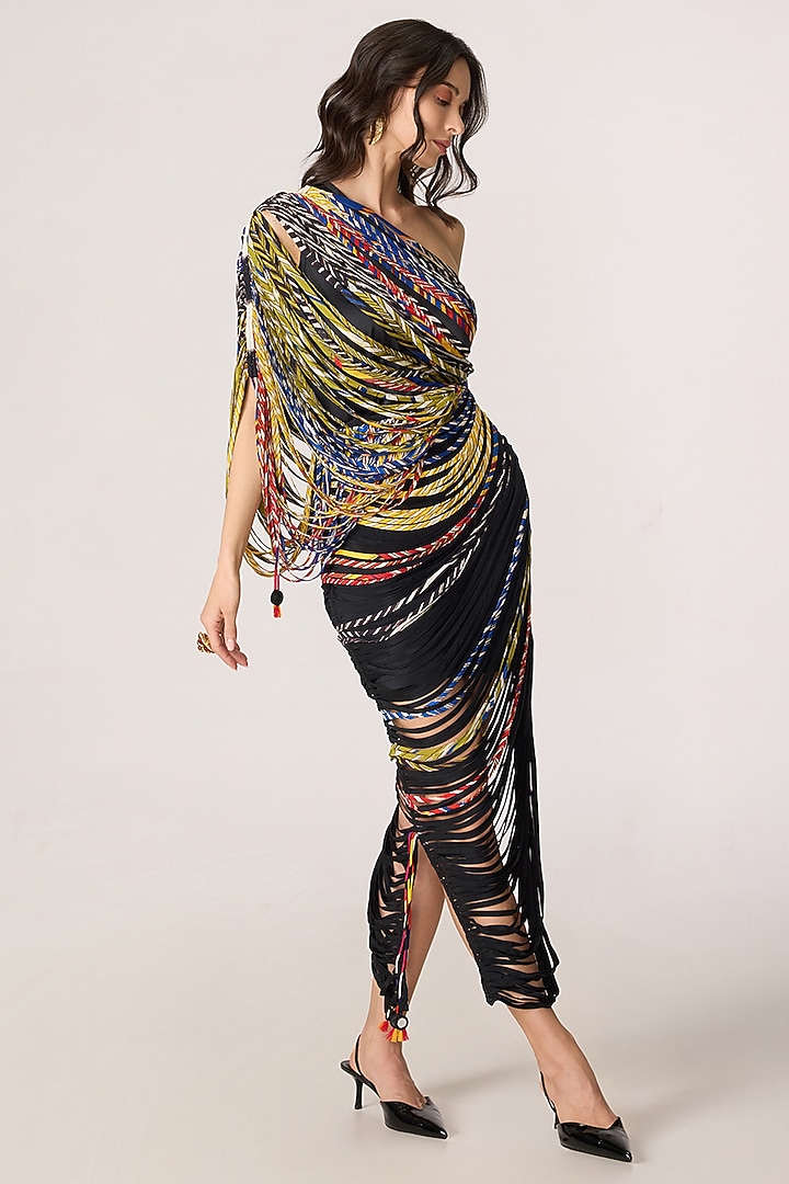 Multi-Colored Chiffon Striped One-Shoulder Maxi Party Wear Dress by Saaksha & Kinni at Pernia's Pop Up Shop