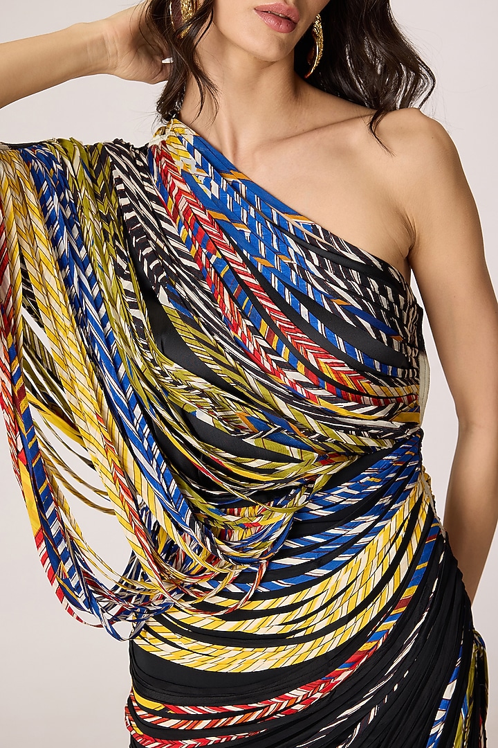 Multi-Colored Chiffon Striped One-Shoulder Maxi Party Wear Dress by Saaksha & Kinni at Pernia's Pop Up Shop