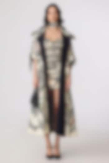 Multi-Colored Crepe Doodle Printed Trench Coat With Party Wear Dress by Saaksha & Kinni at Pernia's Pop Up Shop