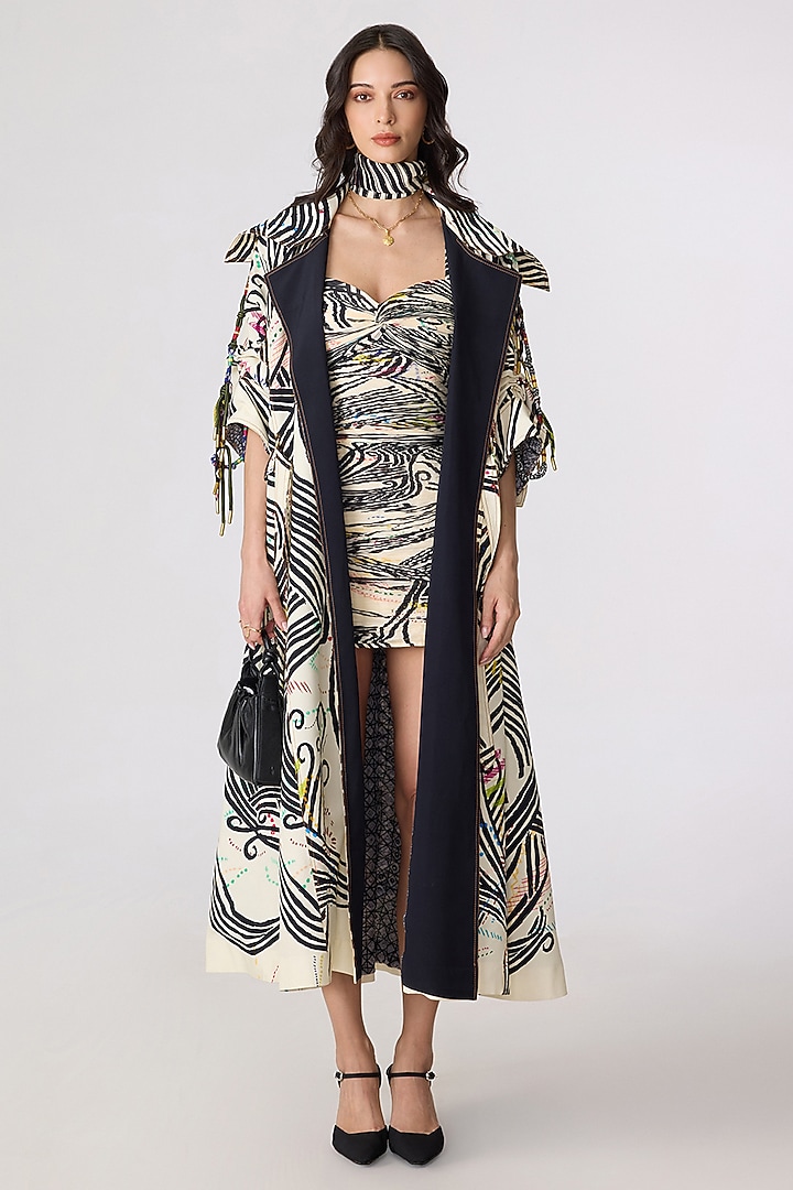 Multi-Colored Crepe Doodle Printed Trench Coat With Party Wear Dress by Saaksha & Kinni at Pernia's Pop Up Shop