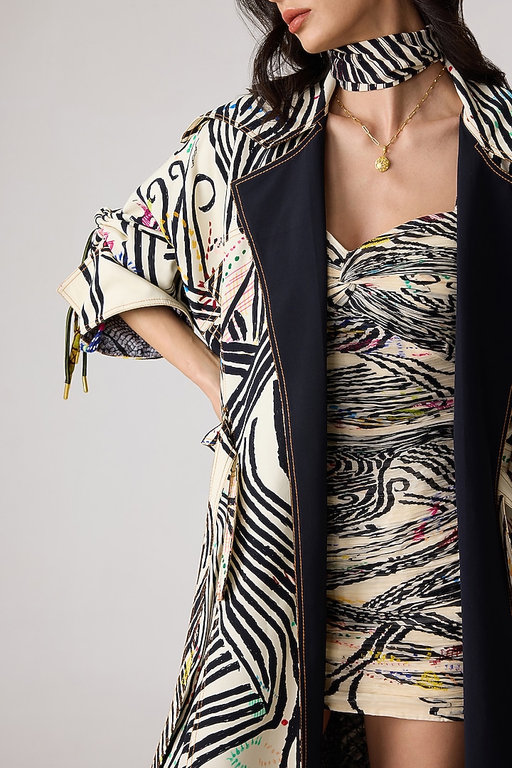 Multi-Colored Crepe Doodle Printed Trench Coat With Party Wear Dress by Saaksha & Kinni at Pernia's Pop Up Shop