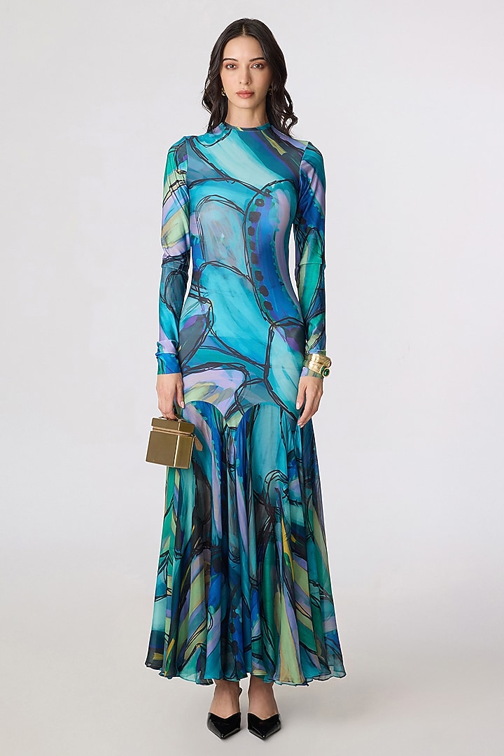 Multi-Colored Chiffon Abstract Printed Maxi Vacation Dress by Saaksha & Kinni at Pernia's Pop Up Shop